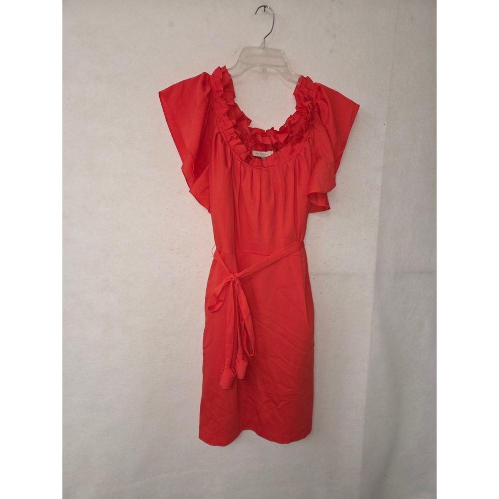 Plastic Island Ruffle Neck Mini Dress Women 6 Red Flutter Sleeve Belted Side Zip